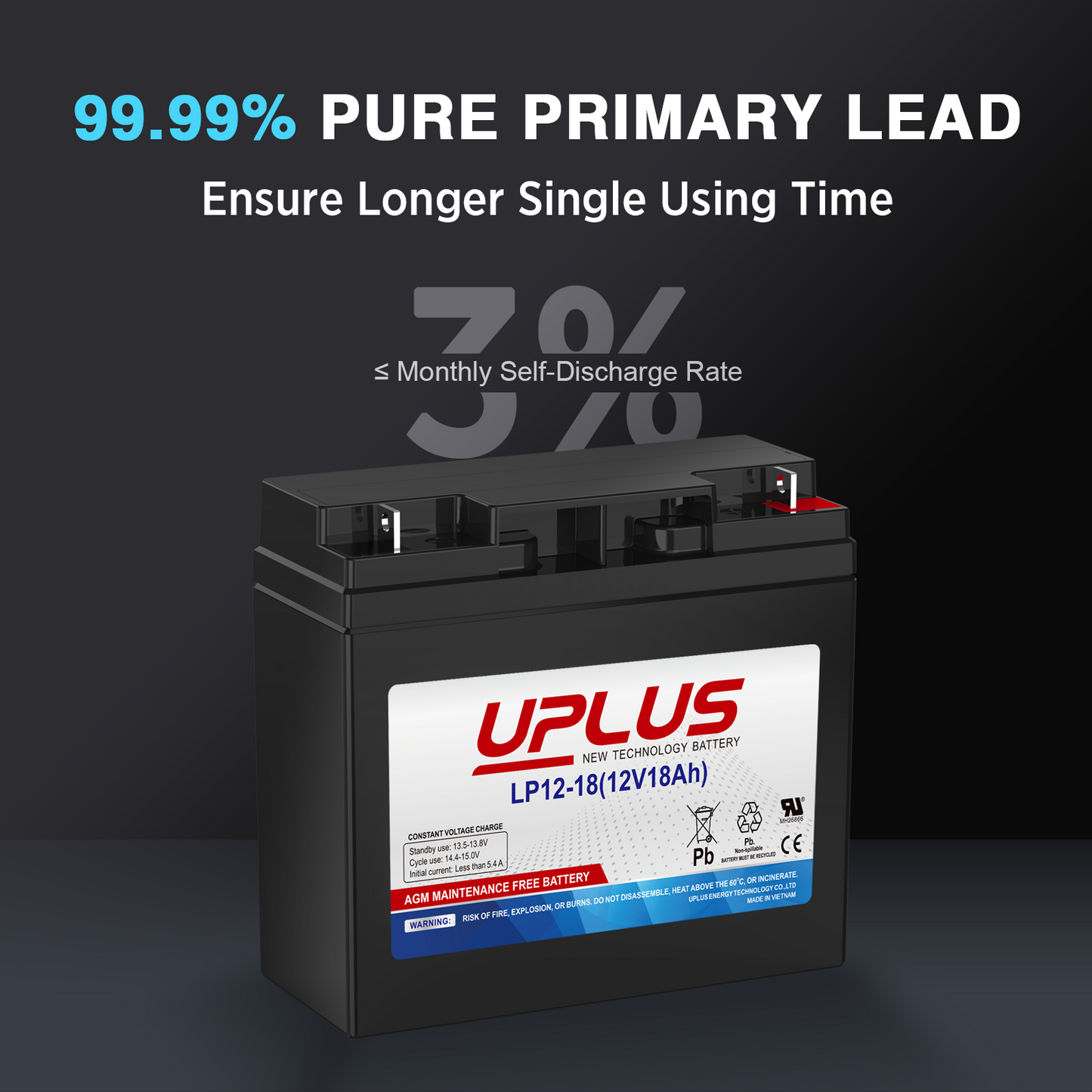 UPLUS LP12-18 Rechargeable SLA AGM Battery for Mobility Scooter, Jump Starter Box, Lawn Mower [12V 18Ah]