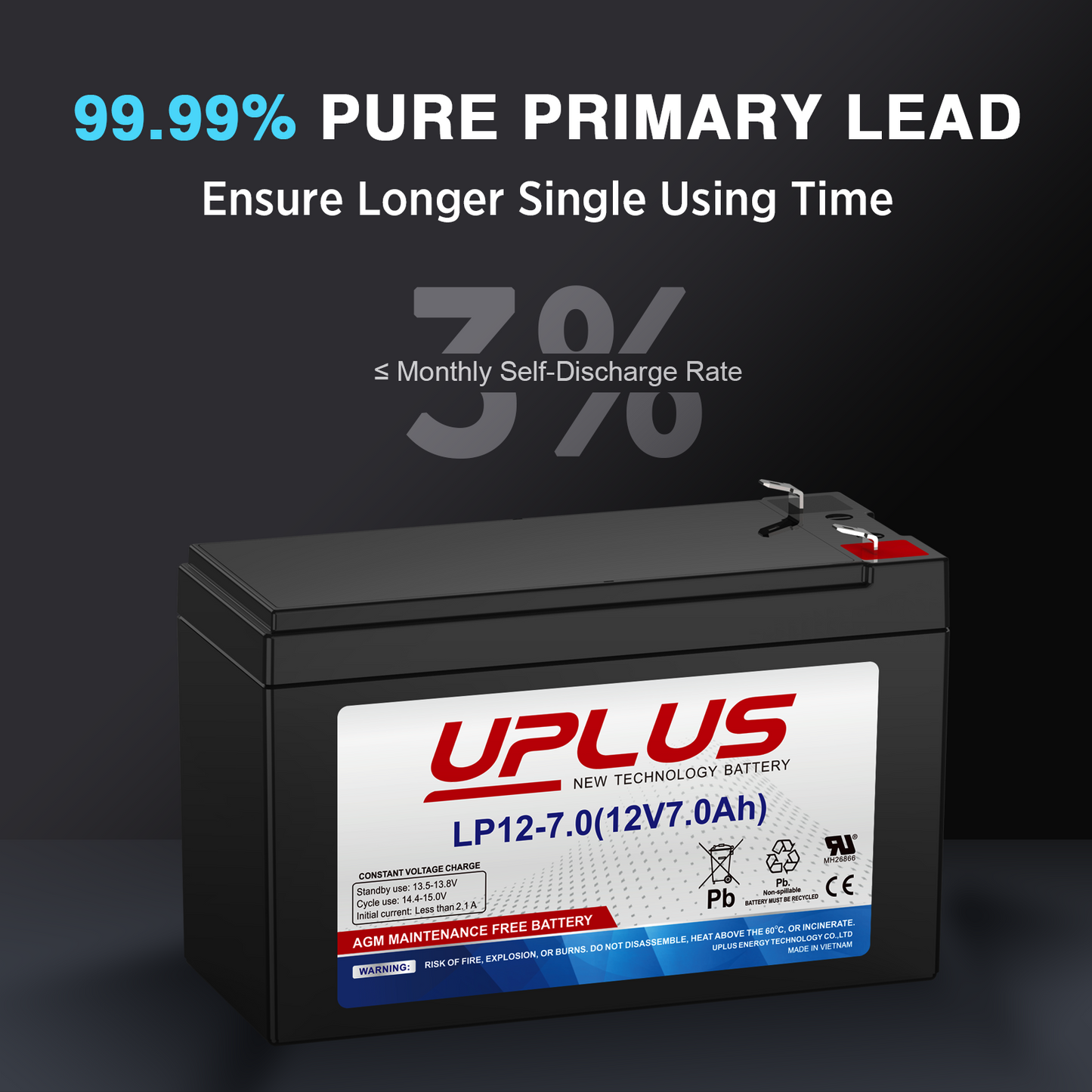 UPLUS LP12-7.0 Rechargeable SLA Battery for Security Alarm, Home Fire, Garage Doors [12V 7Ah]