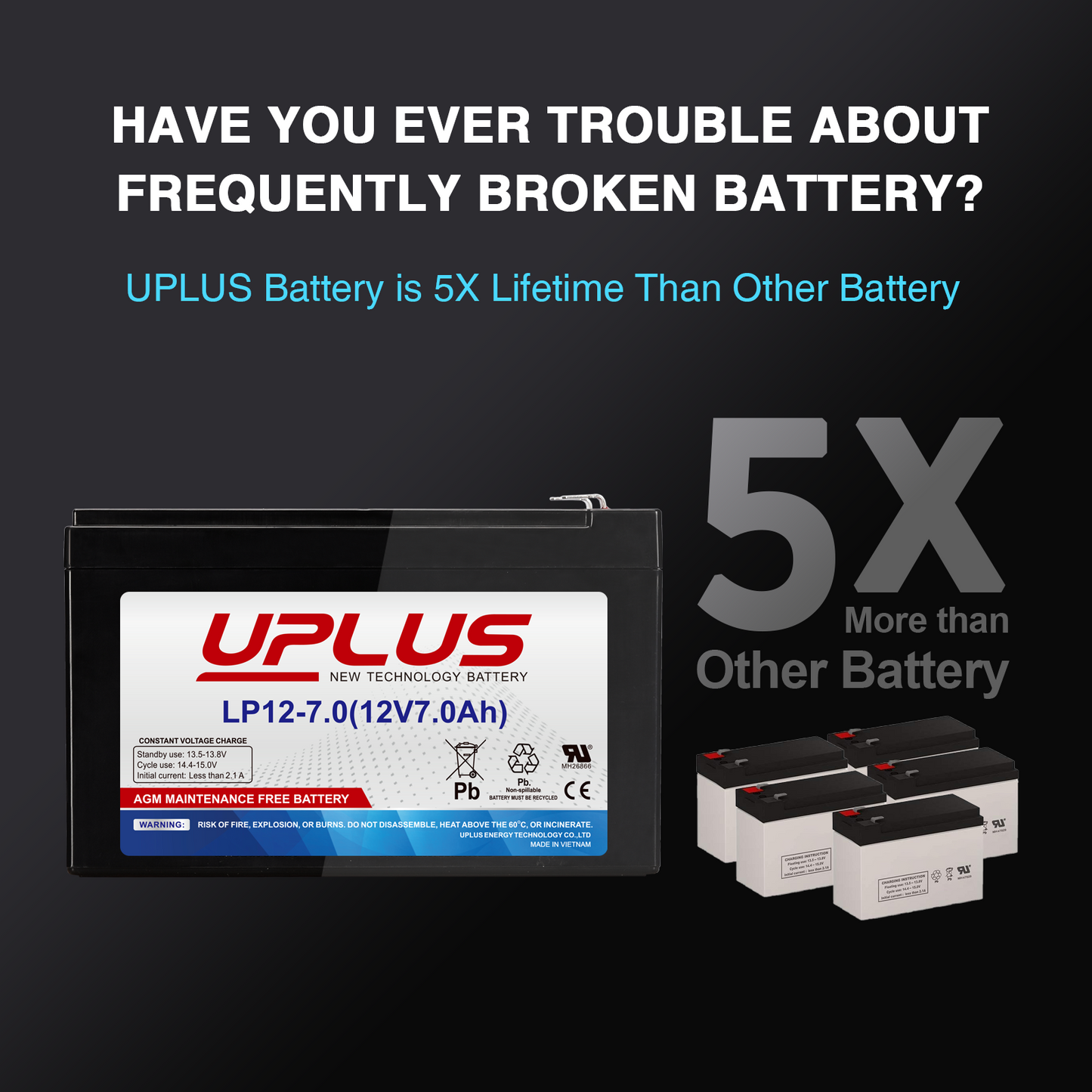 UPLUS LP12-7.0 Rechargeable SLA Battery for Security Alarm, Home Fire, Garage Doors [12V 7Ah]