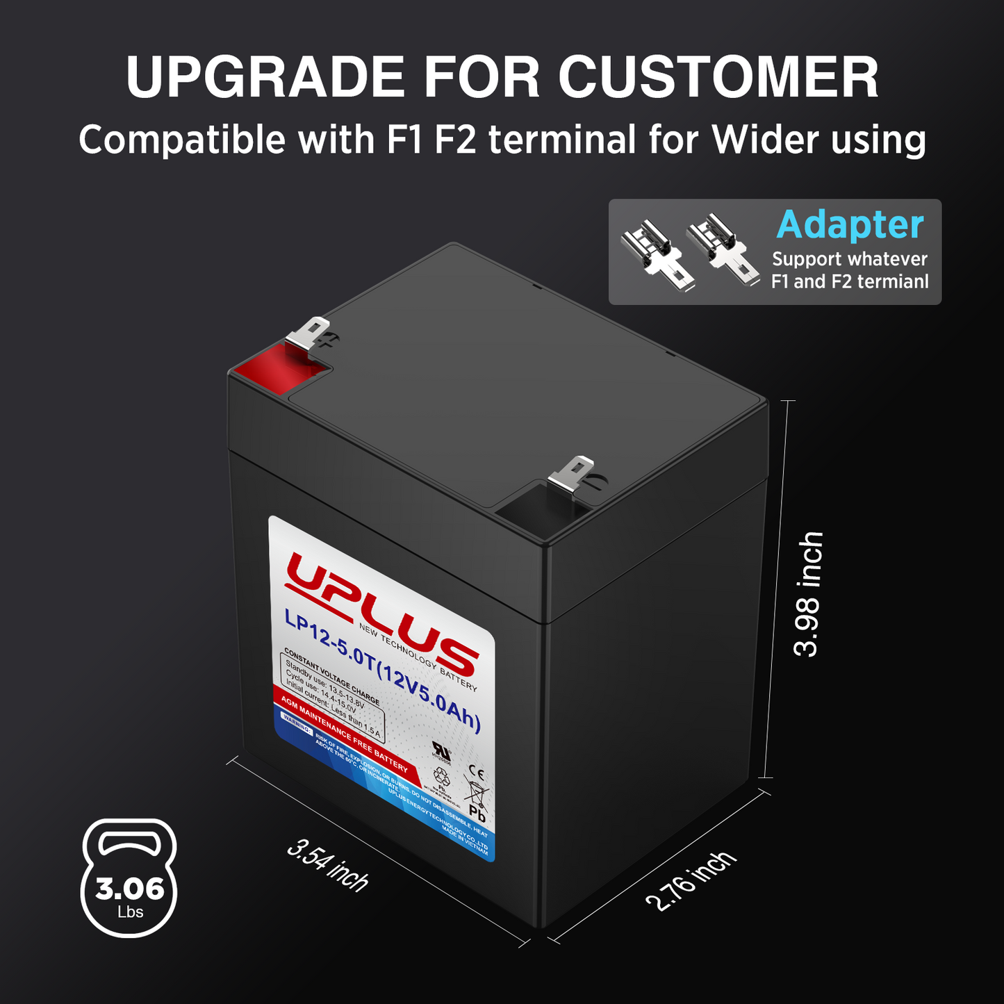 UPLUS LP12-5.0T Rechargeable Sealed Lead Acid Battery for Garage Doors, Security Systems, Burglar Alarms [12V 5Ah]