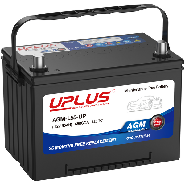 UPLUS BCI Group 24/34 Car/Automotive Premium AGM Maintenance Free Battery,  650CCA, 120RC [12V 55Ah]